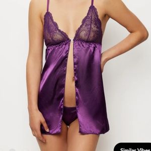 Frederick's of Hollywood M Purple Magic Astrid Satin Eyelash Babydoll 2piece set
